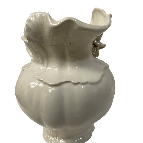 Vintage Ivory Ceramic Pitcher With Floral Accent Ornate Handle 8" x 8" Read - Picture 5 of 15